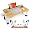 Skladací stolík na notebook vo farbe dreva s priestorom na šálku a zásuvku