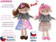 Bábika Aninka handrová 30 cm vo vestičke mäkké telo na batérie česky hovoriaci (ružová, hnedá)