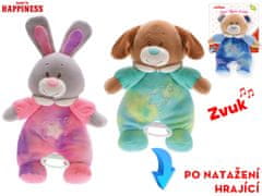 Baby Happiness zvieratko plyšové 26 cm v oblečku so zvukom na natiahnutie na karte