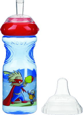 Nuby Netečúca fľaša so silikónovým náustkom 300 ml, 9 m+, modrá s červeným viečkom – superhrdina