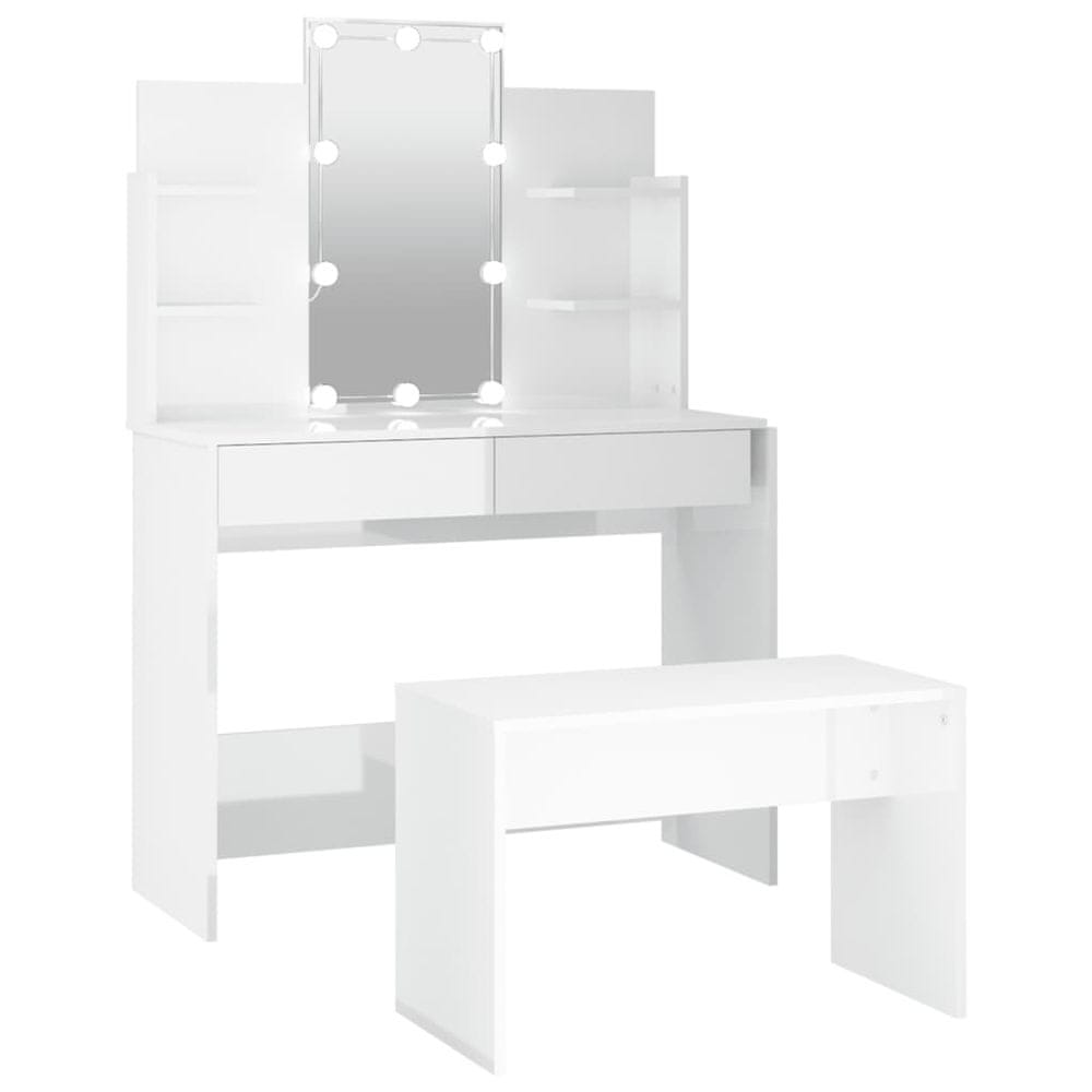 Vidaxl Sada toaletného stolíka s LED lesklá biela spracované drevo