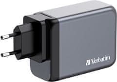 VERBATIM cestovní adaptér GNC-200, GaN, 2xUSB-C PD 100W, 1xUSB-C PD 65W, 1xUSB-A QC 3.0, šedá