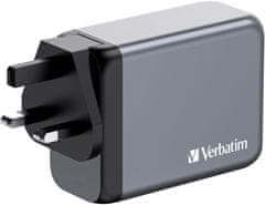 VERBATIM cestovní adaptér GNC-200, GaN, 2xUSB-C PD 100W, 1xUSB-C PD 65W, 1xUSB-A QC 3.0, šedá