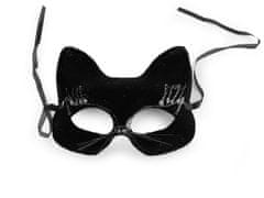 Karnevalová maska - škraboška zamatová s glitrami mačka - čierna strieborná