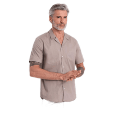 OMBRE Pánska košeľa s krátkym rukávom a kubánskym golierom V3 OM-SHSS-0168 tmavobéžová MDN125037 XL