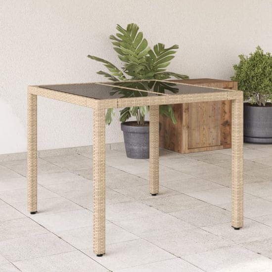 shumee Záhradný stôl so sklenenou doskou, béžový 90x90x75cm, polyratan