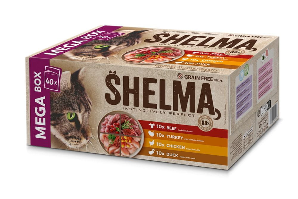 SHELMA bezobilné dusené filetky mäsový výber pre mačky 40× 85 g