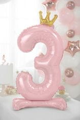 PartyDeco Fóliový balón číslo so stojanom 3 ružový 84cm