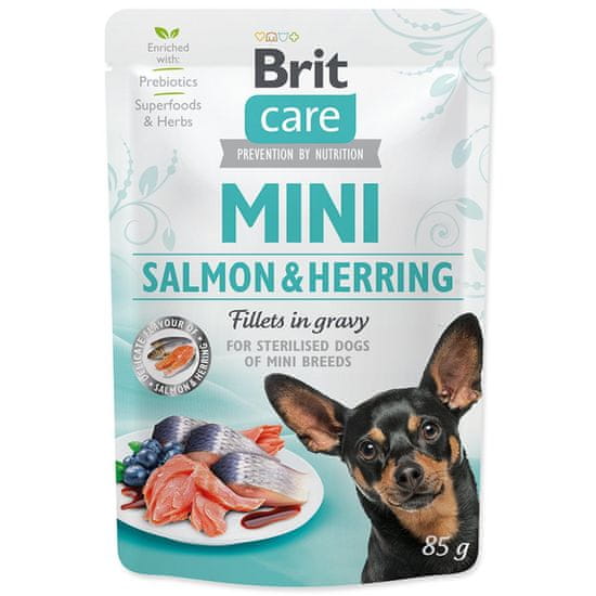 Brit Kapsička Care Mini Sterilised losos a sleď, filety v omáčke 85g