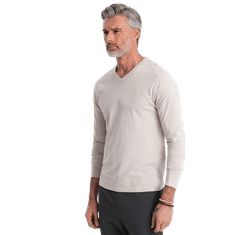 OMBRE Pánske tričko s dlhým rukávom bez potlače s výstrihom do V svetlo béžová MDN125092 S