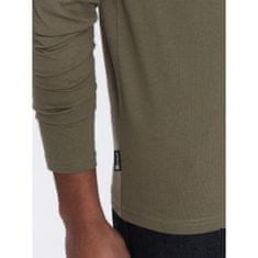 OMBRE Pánske tričko s dlhým rukávom bez potlače a výstrihom do V tmavá olivová MDN125093 M