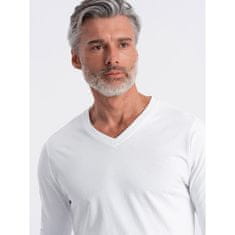 OMBRE Pánske tričko s dlhým rukávom bez potlače s výstrihom do V biele MDN125094 S