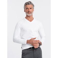 OMBRE Pánske tričko s dlhým rukávom bez potlače s výstrihom do V biele MDN125094 S