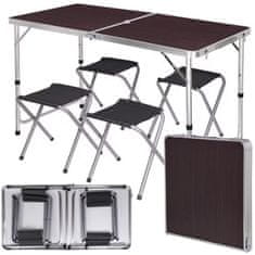 HADEX Kempingový hliníkový skladací stôl + 4 stoličky, hnedý