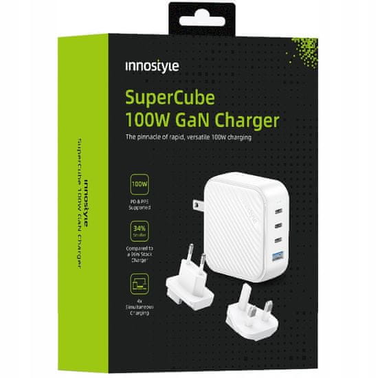 Innostyle Innostyle Super Cube Výkonná Rýchla Nabíjačka Gan Travel Eu Us Uk Au 4X Usb Usb-C 100W Biela