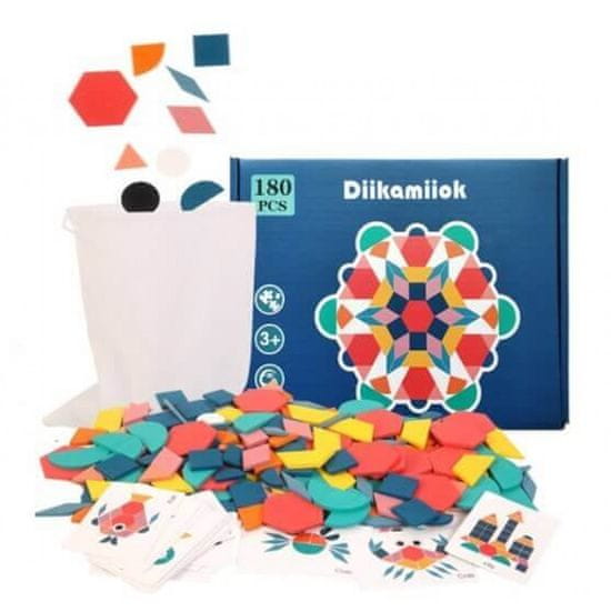 KIK Drevené puzzle MONTESSORI, farebné mozaikové tvary, 180 dielikov