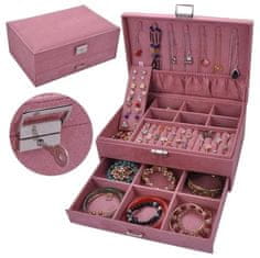 Camerazar Veľká šperkovnica s kľúčom a poličkou, ružový semiš/plast, 27x10,5x19 cm