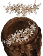 Camerazar Elegantný svadobný hrebeň do vlasov so zlatými kvetmi, priehľadnými kryštálmi a bielymi perlami - 14,5 cm x 7 cm
