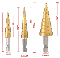 Camerazar Stupňovité vrtáky z rychlořezné oceli HSS, 3 kusy, ve velikostech 4-20 mm/3-12 mm/4-12 mm