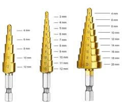 Camerazar Stupňovité vrtáky z rychlořezné oceli HSS, 3 kusy, ve velikostech 4-20 mm/3-12 mm/4-12 mm