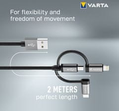 VARTA kábel 3v1 USB-A - Lightning/microUSB/USB-C, 12W, 2m