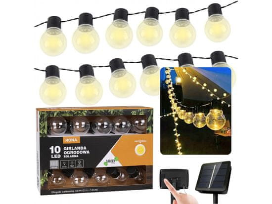 GARDEN LINE Slnečná záhradná girlanda 10 LED, svetelný reťaz 3,8m