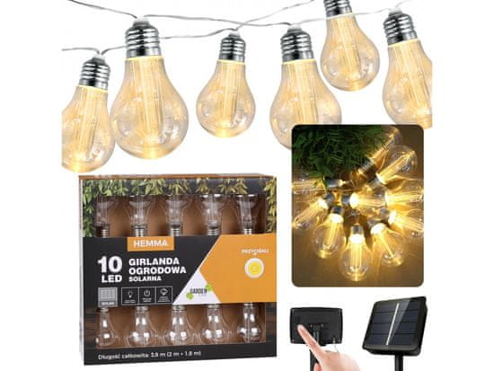 GARDEN LINE Slnečná záhradná girlanda 10 LED teplá biela, svetelný reťaz 3,8m