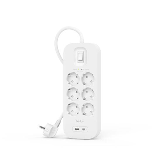 Belkin Napájací pásik, 6-portový + 1xUSB-A 1xUSB-C 650J, Schuko, 2m