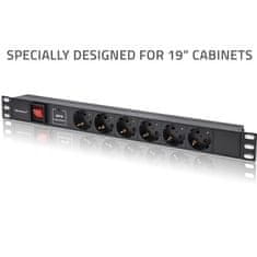 Qoltec Hliníkový PDU napájací pás pre 19'' rack | 1U | 16A | 6xSCHUKO | 1,8m