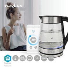 Nedis Rychlovarná kanvica SmartLife | Wi-Fi | 1,7 l | Sklo | 40,60,70,80,90,100 °C | Indikátor teploty | Otočný o 360 stupňov | Podomietkové vykurovacie teleso | Ovládač Strix | Ochrana pred varom | 