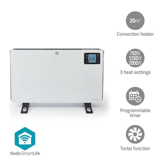 Nedis SmartLife konvekčný ohrievač | Wi-Fi | 2000 W | 3 Nastavenia ohrevu | LCD | 5 - 37 °C | Nastaviteľný termostat | biely