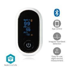 Nedis SmartLife kyslíkomer | Bluetooth | OLED displej | Zvukový alarm / Perfúzny index / Frekvencia pulzu / Vysoko presný snímač / Rušenie pohybu / Saturácia kyslíkom (SpO2) | biely 