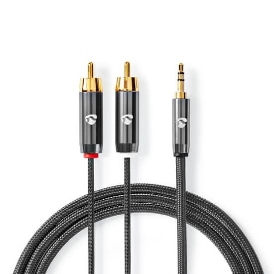 Nedis Stereo audio kábel | 3,5 mm samec | 2x RCA samec | Pozlátené | 1,00 m | Okrúhle | Sivá / Sivá s kovom | Kartón s prekrytým okienkom