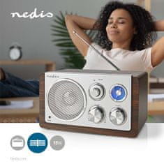 Nedis FM rádio | Dizajn dosky | FM | Napájací adaptér | Analógový | 15 W | Bluetooth | Hnedá 