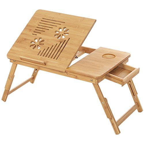 shumee Bambusový stôl na notebook, skladací stolík, pohovka výškovo nastaviteľná, s 5 uhlami sklonu, vetracie otvory, malá zásuvka, 55 x 35 x (21 - 29) cm LLD002