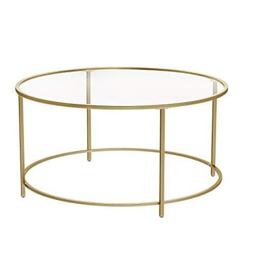 shumee Okrúhly konferenčný stolík, sklenený stolík s oceľovým rámom, stolík do obývačky, rozkladací stolík, tvrdené sklo, zlato LGT21G