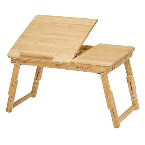 shumee Bambusový stôl, stolík na notebook, podnos na raňajky s 5 nastaviteľnými uhlami sklonu, malá zásuvka, prírodný LLD01N