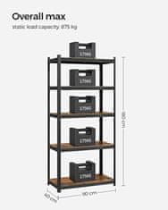 Songmics Regál 5 políc, industriálny, 180 x 90 x 40 cm, hnedočierny