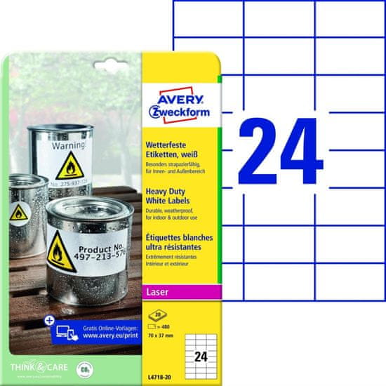 Avery Zweckform Veľmi odolné polyesterové etikety - biele, 70 x 37 mm, 480 ks