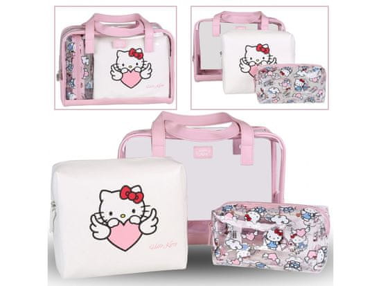 HELLO KITTY Hello Kitty Ružovo-biela sada cestovných kozmetických tašiek na zips, 3 ks.