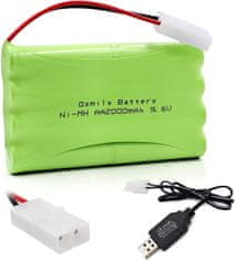 YUNIQUE GREEN-CLEAN Nabíjateľná batéria AA 9,6 V 2000 mAh s konektorom Tamiya a USB nabíjacím káblom - Ideálna pre autá, nákladné autá, tanky a lode RC - 100x57x15 mm - 100 g