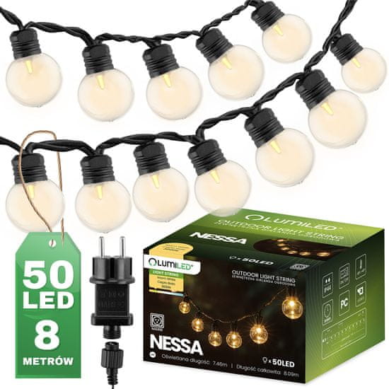 LUMILED Záhradné svietidlo LED svetelná reťaz 8m GIRLANDA NESSA s 50 LED dekoratívnymi guličkami 3000K Teplá biela