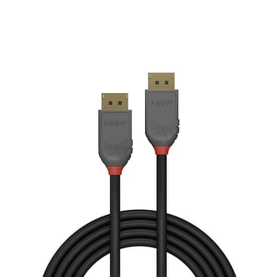 Lindy Kábel DisplayPort M/M 5m, 4K@60Hz, DP v1.2, 21.6Gbit/s, čierny, pozl.konektor, Anthra Line