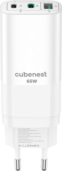 CubeNest síťová nabíječka S3D0, PD, GaN, 65W, 2x USB-C, 1x USB-A, biela