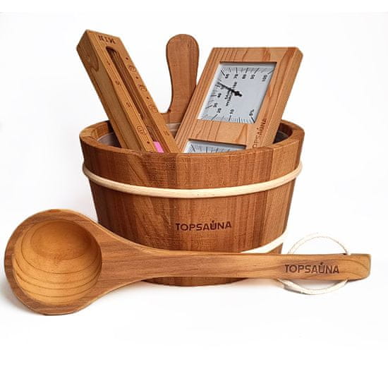 Topsauna Set do sauny - Vedro 4L, naberačka, teplomer s vlhkomerom, presýpacie hodiny, Borovica Thermowood