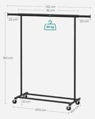 Songmics Stojan na oblečenie na kolieskach 92-132 x 45 x 160 cm, čierny