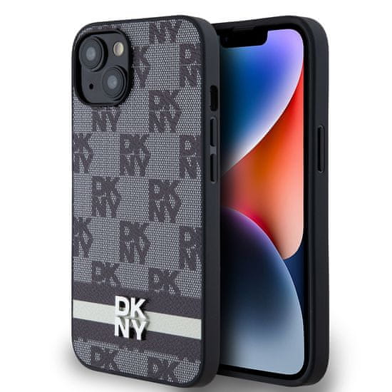 DKNY Zadný kryt PU Leather Checkered Pattern and Stripe pre iPhone 14 Black