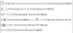 YATO  Gola sada 1/4" průchozí ráčna a ořechy 4,5-13mm 12hranné, 29ks