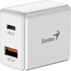 Genius rychlonabíjecí set PD-20ACP, 20W, rychlé nabíjení, USB-C PD3.0, USB-A QC3.0, 1m kabel USB-C USB-C, bílá