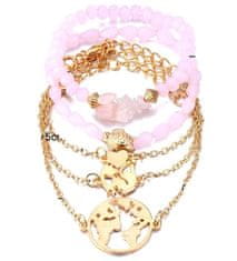 For Fun & Home Súprava 5 náramkov v ružovom zlate s motívmi mapy, srdca a korytnačky, šperk z kovu a korálok, dĺžka 15-17 cm + 5 cm predĺženie